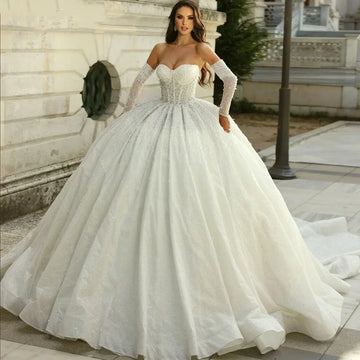 Customized Romantic Sweetheart Bridal Gown Shiny Pearls Detachable Long sleeves Wedding Dress Luxury Ball Gown Vestido De Novia