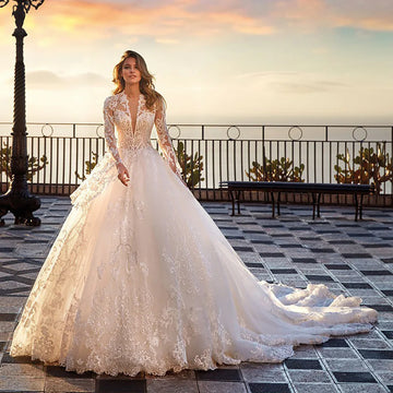 Wedding Dresses Women Long Sleeve Ball Gown Deep V Bridal Dress Luxury Wedding Gown Formal Brides Gown Customized