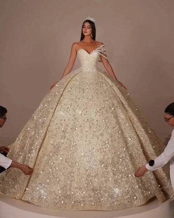 Customized Sweetheart Neck One Shoulde Ball Gown luxurious Wedding Dresses Bridal Gown Sequins Beaded Vestido De Novia