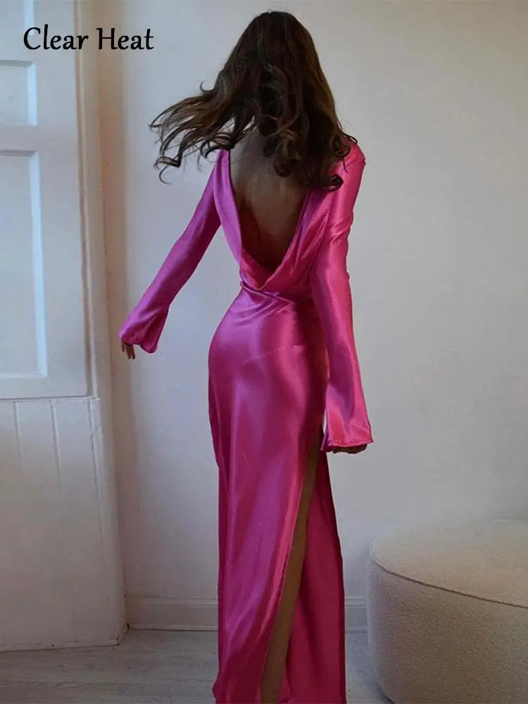 Sexy backless strapless satin high split flare long sleeve autumn slim elegant party dress women