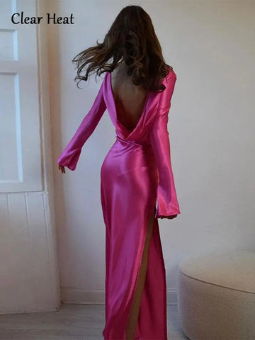 Sexy backless strapless satin high split flare long sleeve autumn slim elegant party dress women
