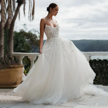 Customized Elegant Corset Wedding Dress Strapless Floral Lace Applique A-line Tulle Bridal Gown Women Romantic Bride Dress