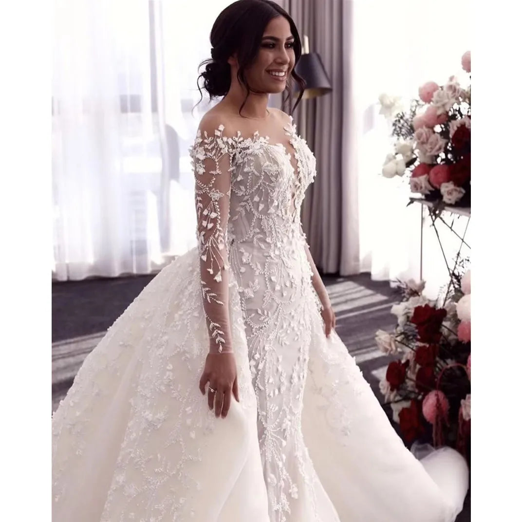 Lace backless mermaid long sleeves boho sexy wedding dress side view