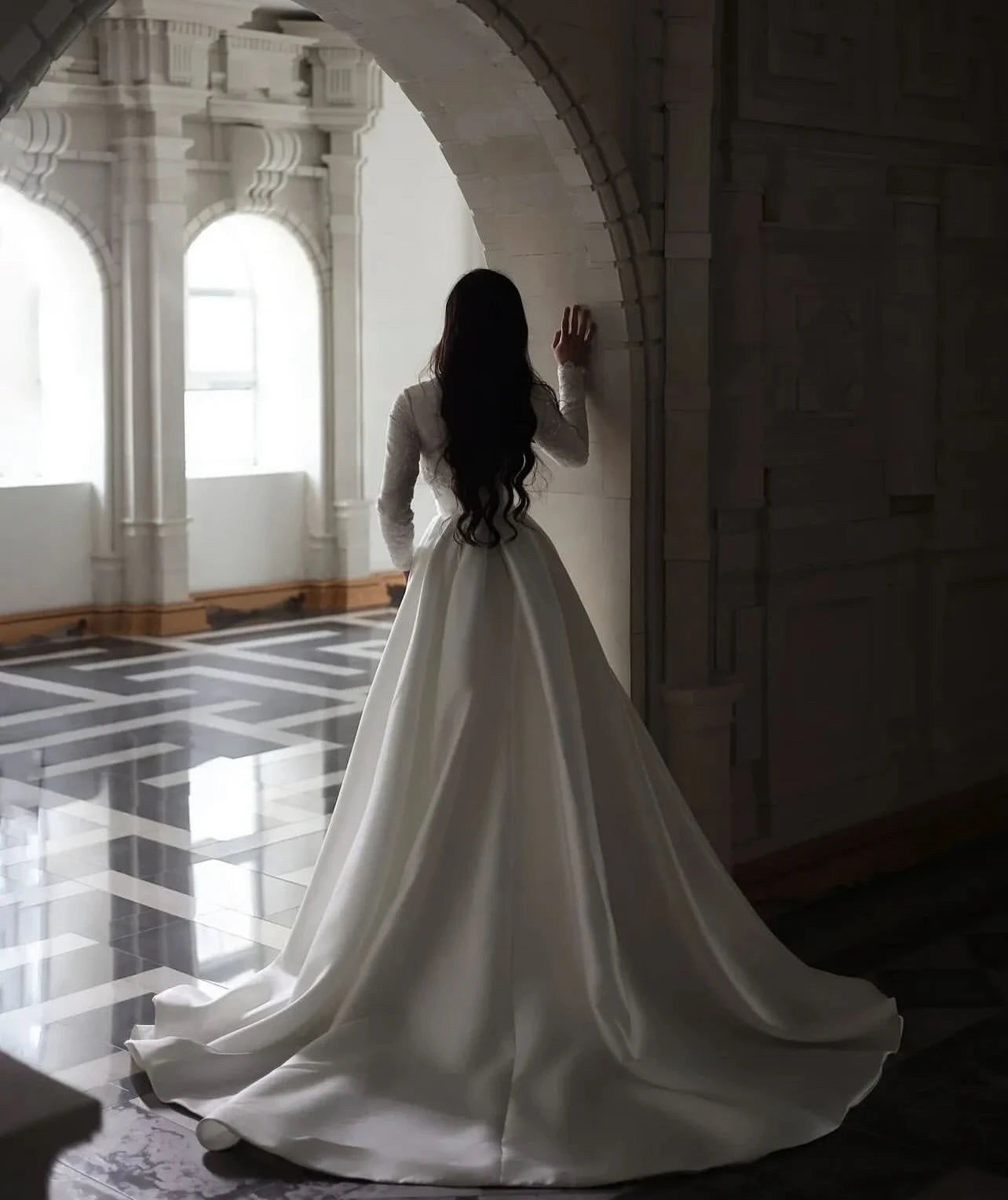 Eightale Arabic Wedding Dress White Ivory Mermaid Long Sleeves Pleats Lace Muslim Satin Bridal Gown Robe De Mariée Customized
