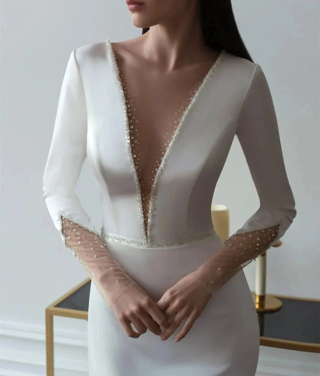 Simple Mermaid Wedding Dresses Sexy V-Neck Bridal Gowns Satin Sheath Dress Full Sleeves Train Illusion Back Vestidos De Novia