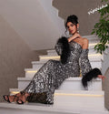 Asymmetrical sparkle one-shoulder sheath sequin chiffon floor length prom evening dress back view