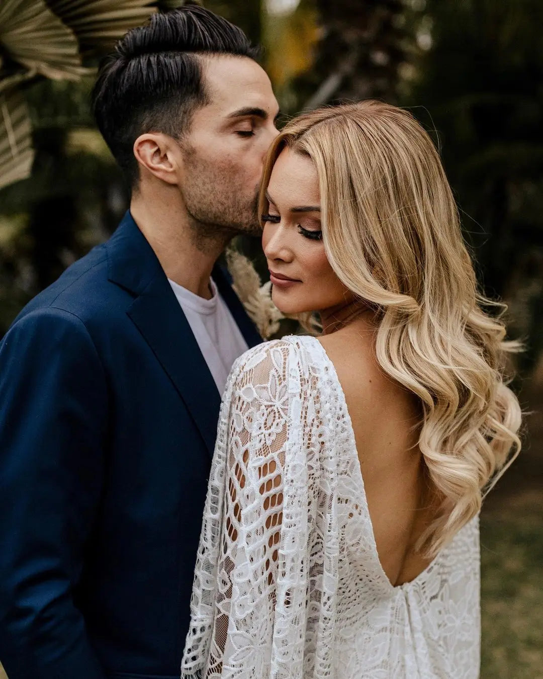 Flared sleeve lace V-back mermaid boho sexy beach bride gown white side view