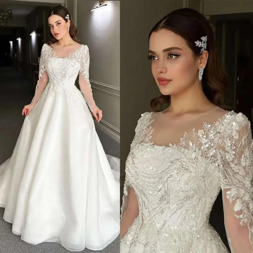 Luxury long bridal gown Sleeves a line Fashion lace sequin applique Custom zipper plus size Beach garden custom wedding dress