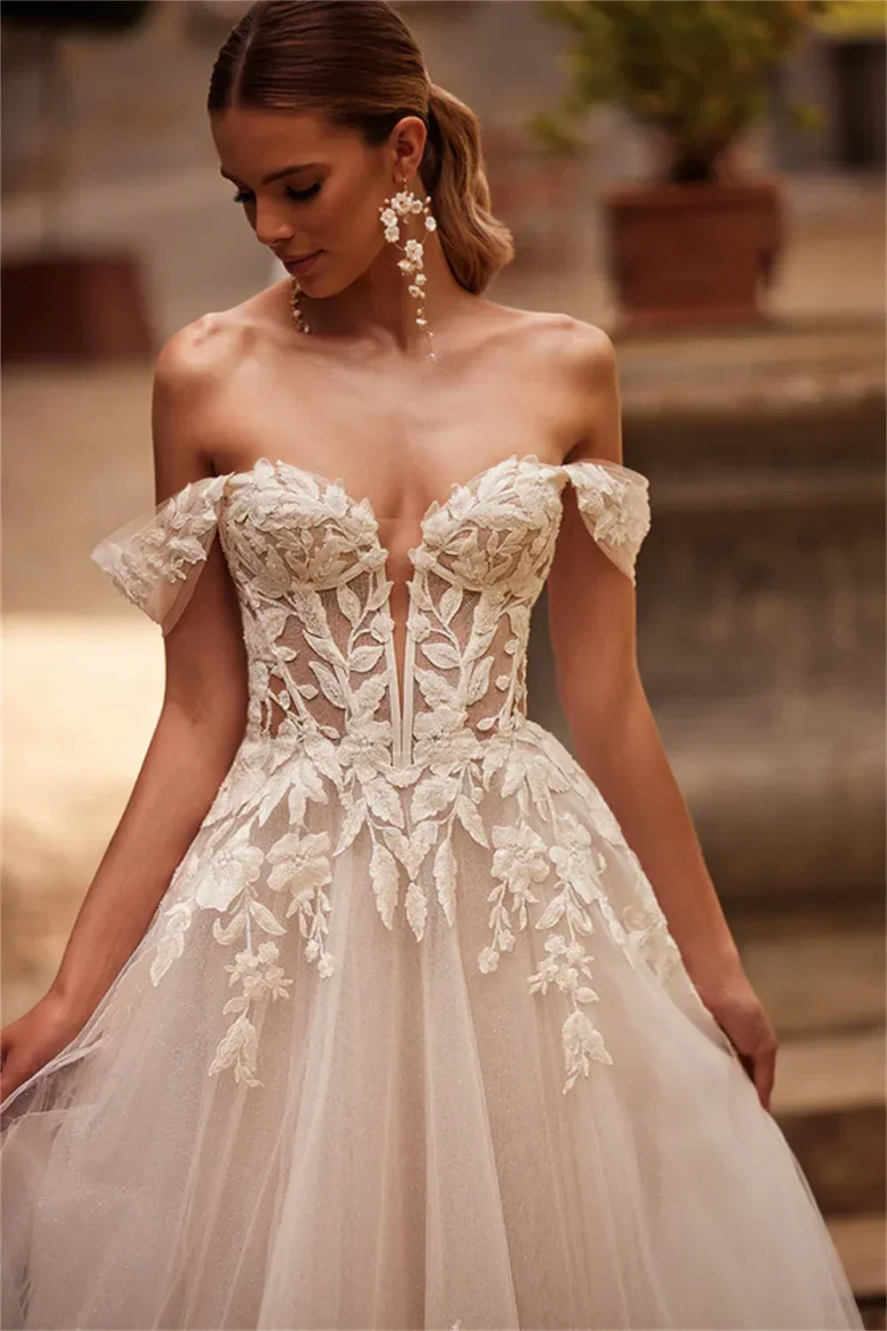 Flavinke Customized Charming Elegant Sweetheart Off The Shoulder Lace Applique A Line Wedding Dresses vestidos de novia
