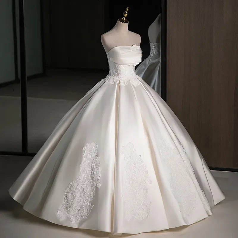 Customized Elegant Champagne Lace Satin Wedding Dress Ball Suit Strapless Sleeveless Backless Floor Length Long Wedding