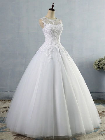 Illusion tulle applique ball gown wedding dress – front view – Snowy Bridal