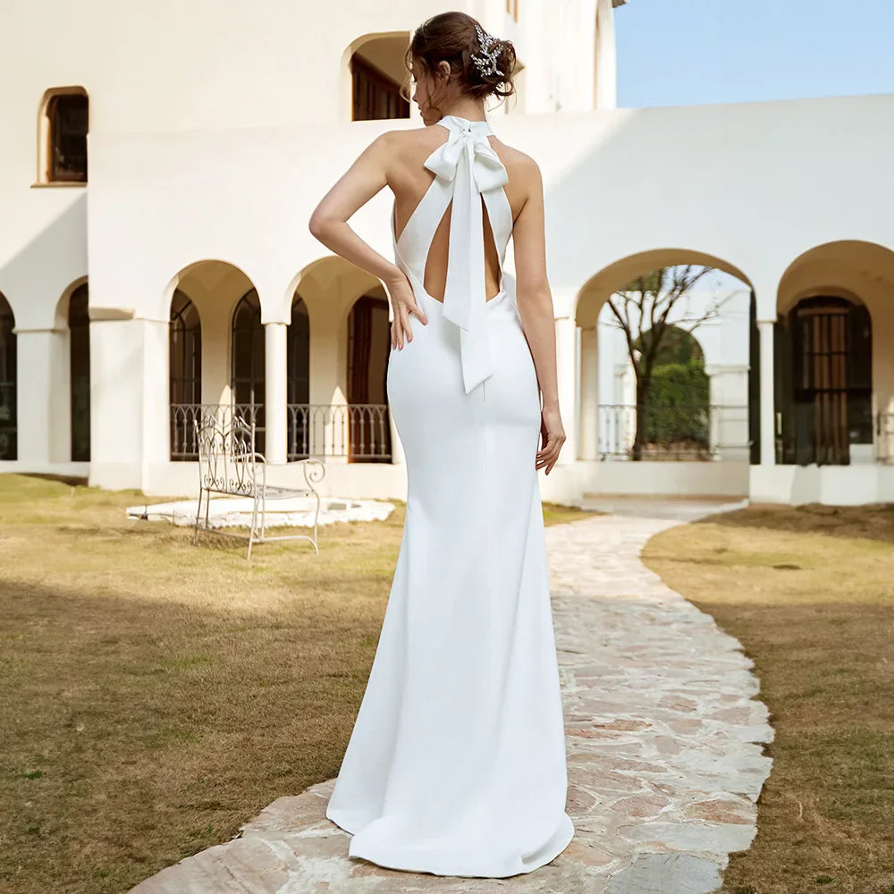 High neck mermaid sleeveless satin bow lace-up sweep train luxury wedding dress bride bridal gown