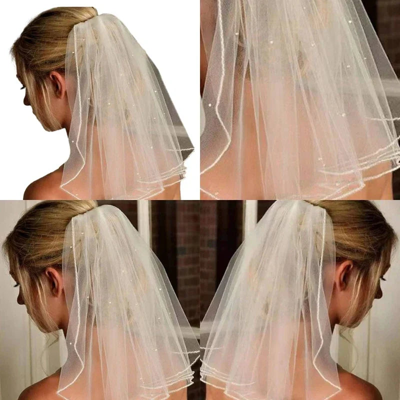 Delicate Wedding Bridal Veil with Rhinestone/ Pearl Girls Bride Veil Short Tulle Wedding Tiaras for Women Bridesmaids