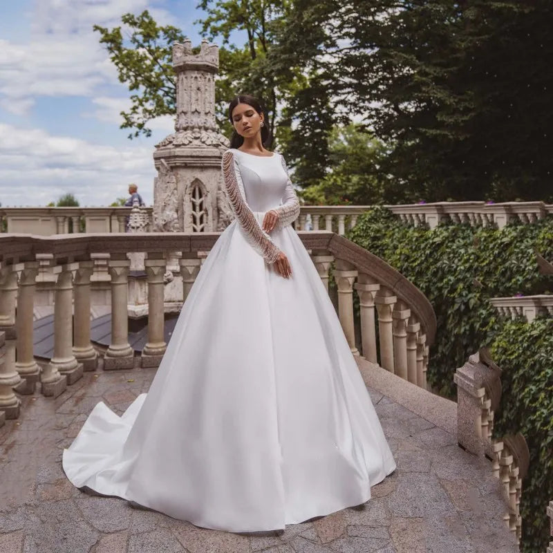 Simple satin A-line boat neck full sleeve long vintage button beading elegant custom made wedding dress bridal gown