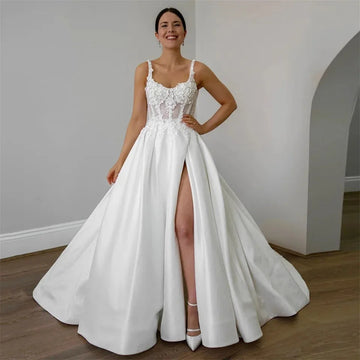 SoDigne A Line Satin Wedding Dresses For Women Lace Appliques Side Split Bridal Dress Wedding Party Bridal Gowns Customized