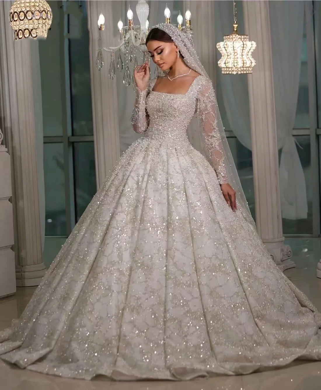 Square neck wedding dress long sleeve lace sequined beaded bridal gown woman