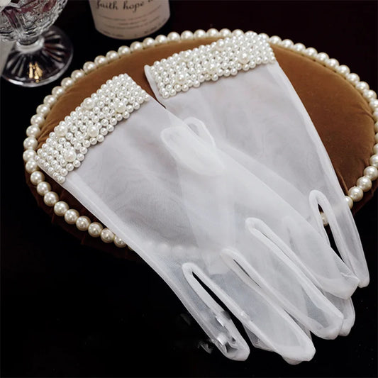 Bridal pearl retro wedding gloves versatile wedding dress party accessories aesthetical mesh short photo accessories