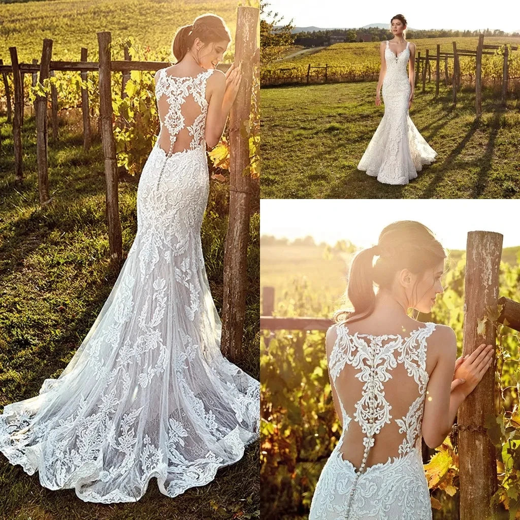 Customized Deep V Neck Mermaid Vestidos De Novia Appliques Vestido De Noiva Spaghetti Straps Wedding Dresses Lace Robe De Mariée