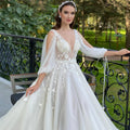 Boho 3/4 sleeve deep V-neck A-line open back tulle lace custom sexy wedding dress back view