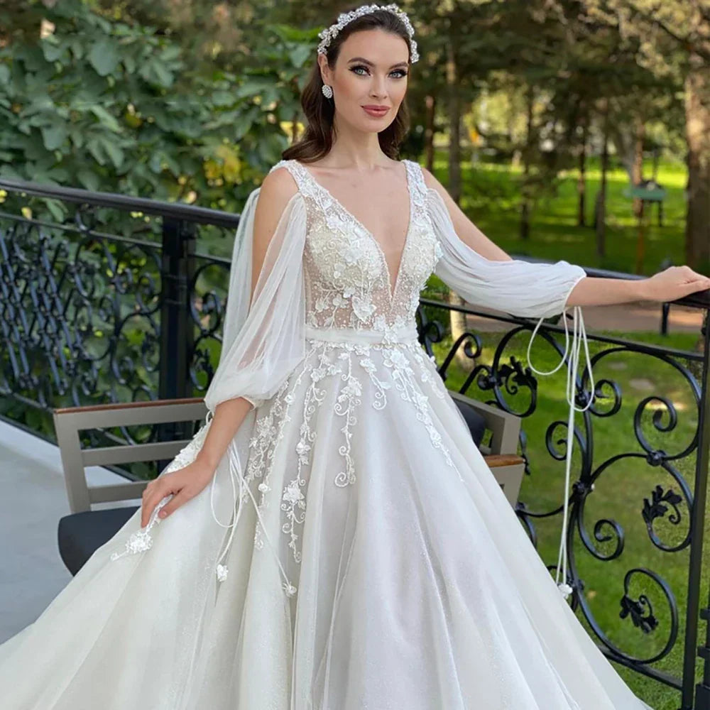 Boho 3/4 sleeve deep V-neck A-line open back tulle lace custom sexy wedding dress back view