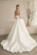 Sleeveless simple 2026 A-line spaghetti strap V-neck soft satin princess bridal gown back view
