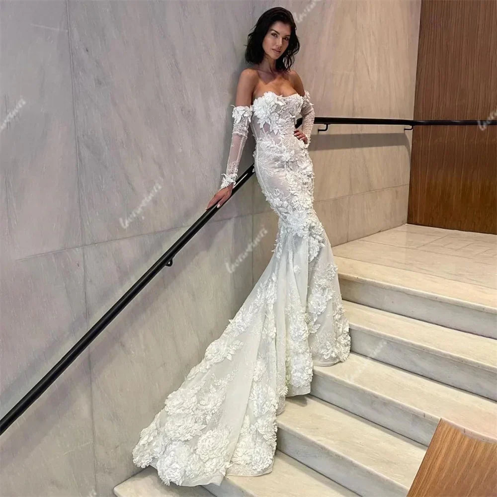 Modest Mermaid Lace Wedding Dresses Women Train Sweetheart Bride Dress Detachable Sleeve 3D Flowers Bridal Gown vestido de novia