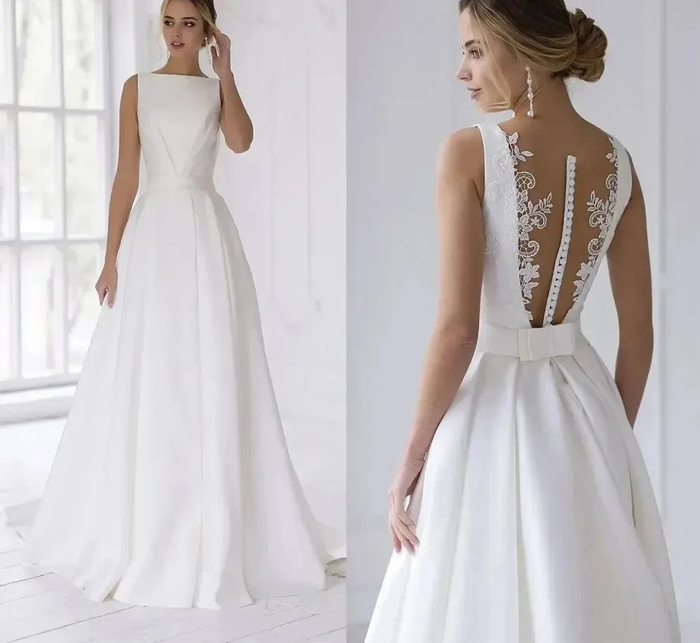 Elegant wedding dress boat neck lace appliques sleeveless illusion back A-line satin bride bridal dress