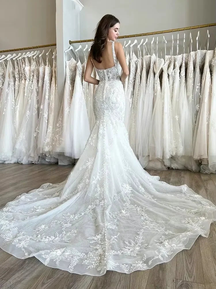 Customized Lace Mermaid Wedding Dresses Square Collar Sleeveless Bridal Gowns Beading Applique Vestidos de novia