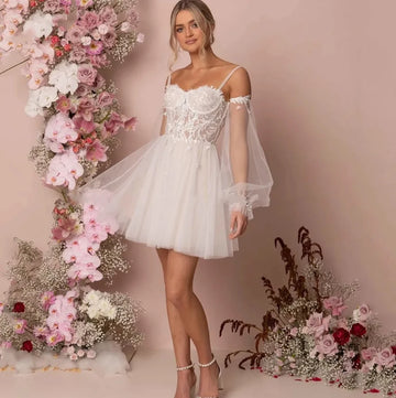 Sexy Short Wedding Dress Mini A-line Tulle Robe De Mariee Backless Reception Detachable Sleeves Bride Dresses  Vestido De Noiva