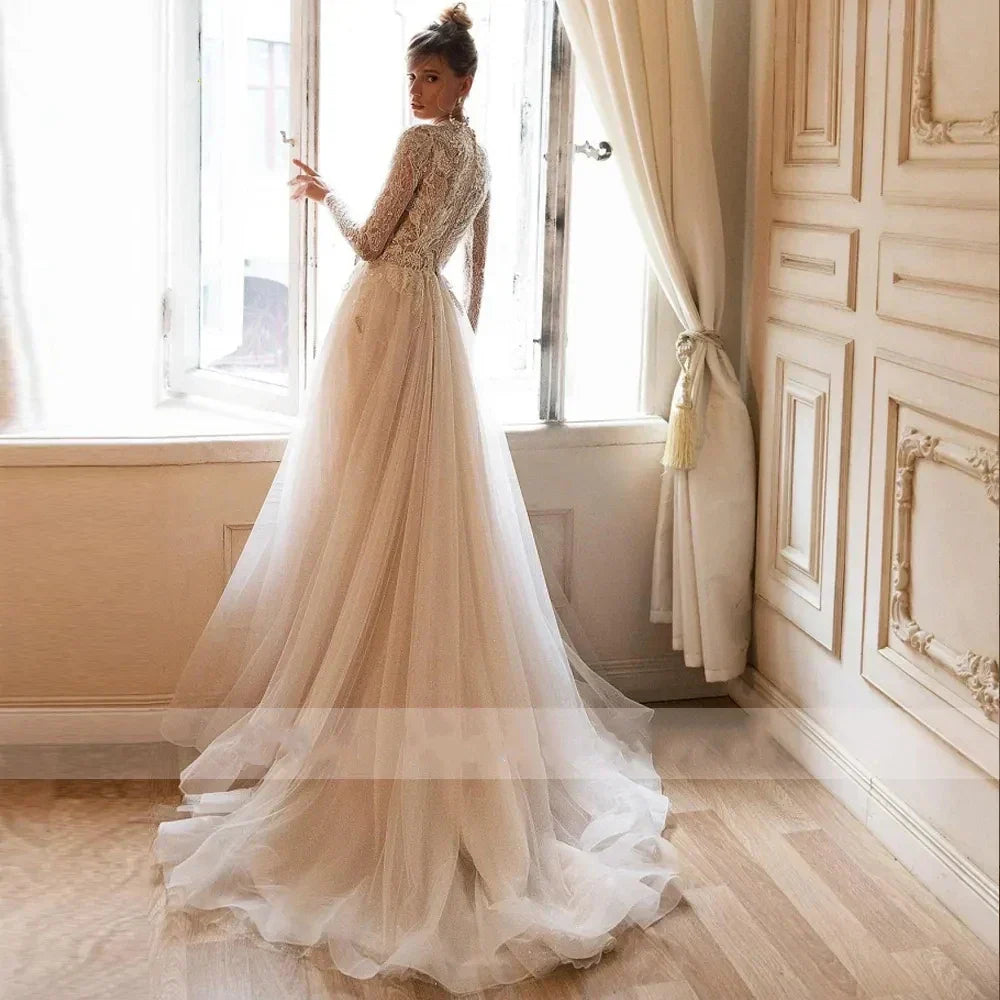 High neck A-line formal party luxury lace long sleeve bridal gown side view