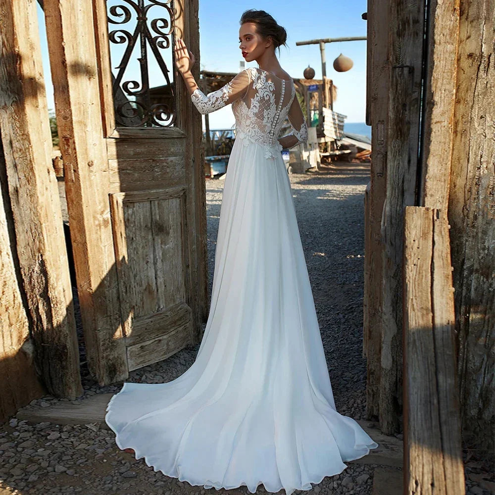Classic A-line wedding dress scoop empire lace appliques illusion chiffon formal bridal gown
