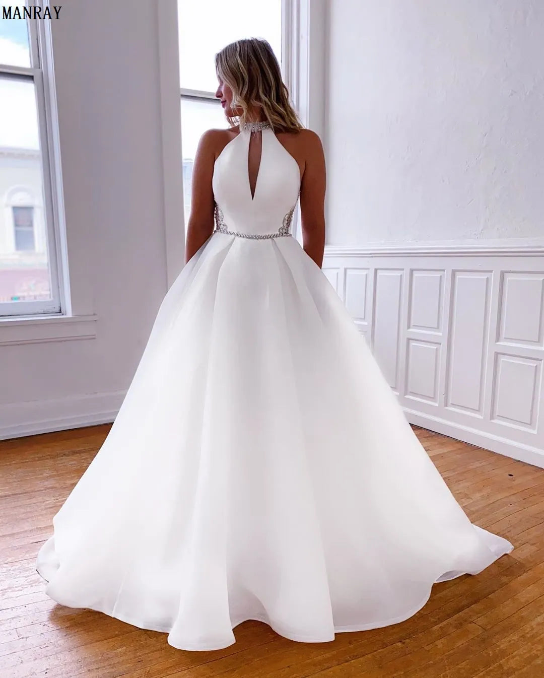 Simple A-line boho wedding dress white organza high neck crystals pockets bridal gown