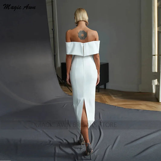 Magic Awn White Wedding Dresses Off The Shoulder Back Split Tea-Length Bidal Gowns For Women Simple Bodice Wedding Party Gowns