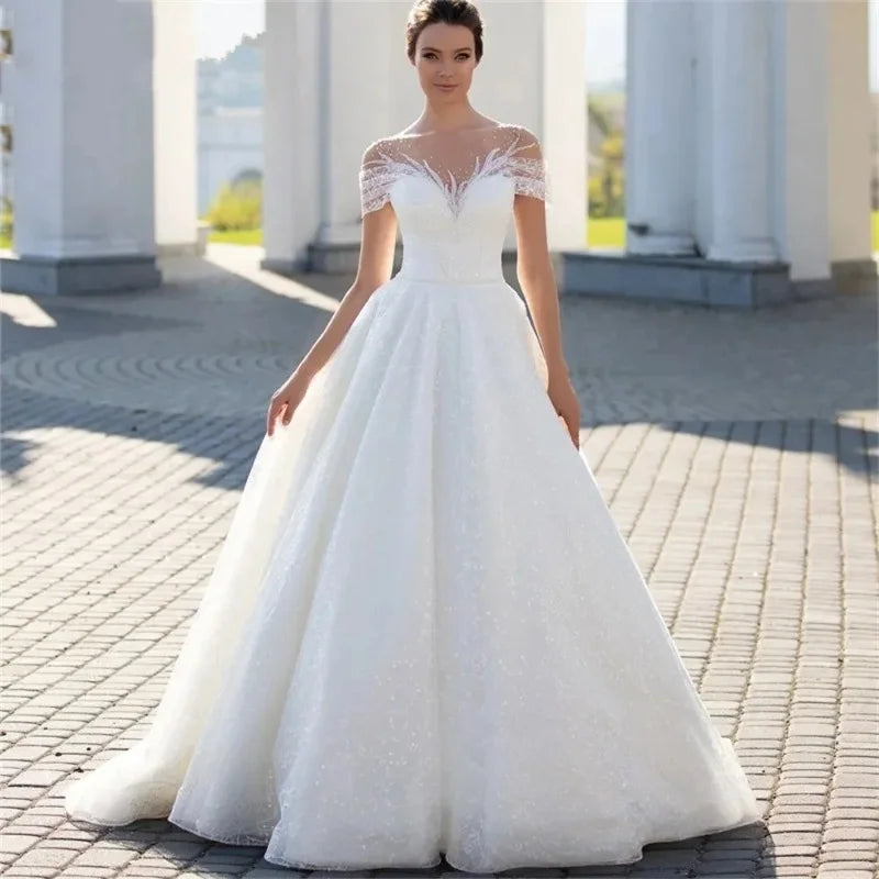 Elegant Short Sleeve Wedding Dress Classic Beaded Bride Gown 2025 Customized A-line Off-Shoulder Bride Robe Vestidos De Novia