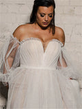 Long puff sleeves beach A-line plus size sweep train bride wedding dress bridal gown side view