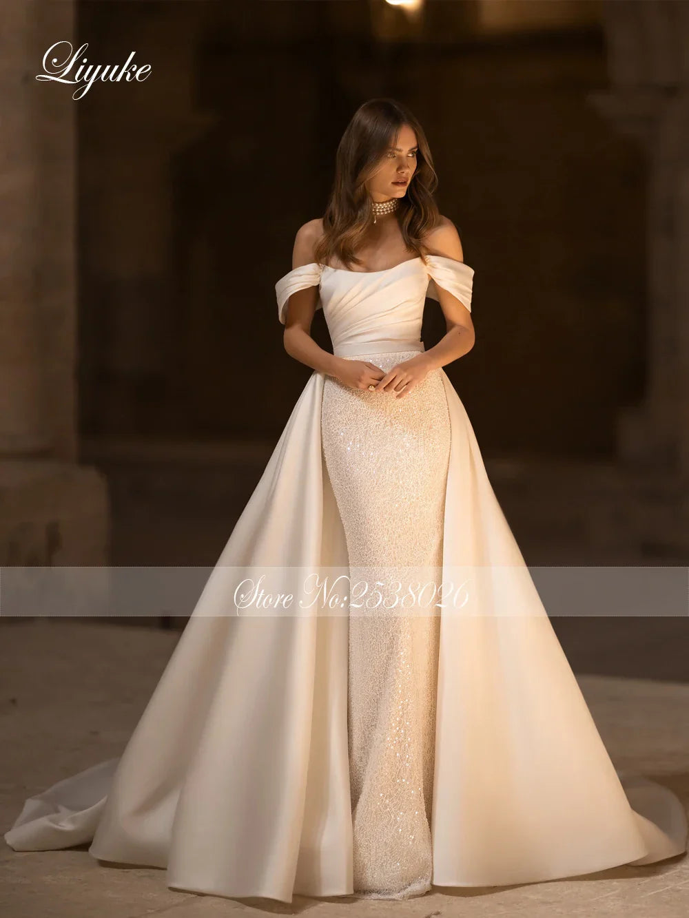 Liyuke Elegance 2 In 1 Mermaid Wedding Dresses With Removable Train Luxury Satin Off Shoulder Sleeves Trumpet Bridal Gowns