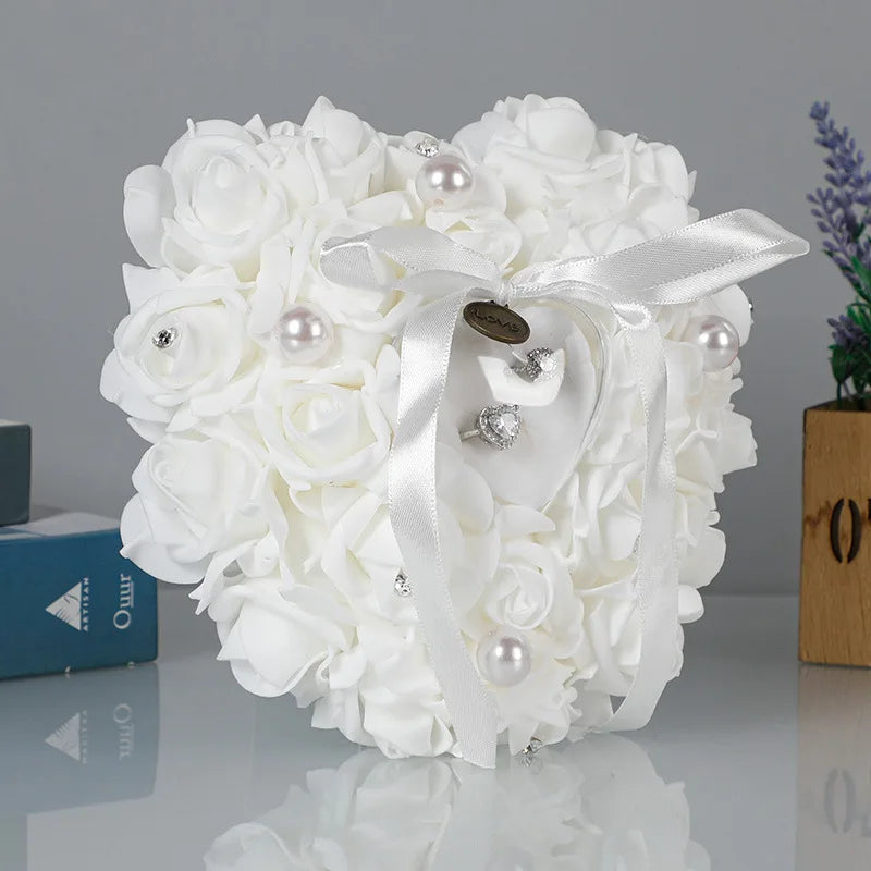 Wedding Ring Bearer Pillow Cushion Romantic Ivory Satin Crystal Ring Pillow Heart Shape for Engagement Propose Marriage Decor