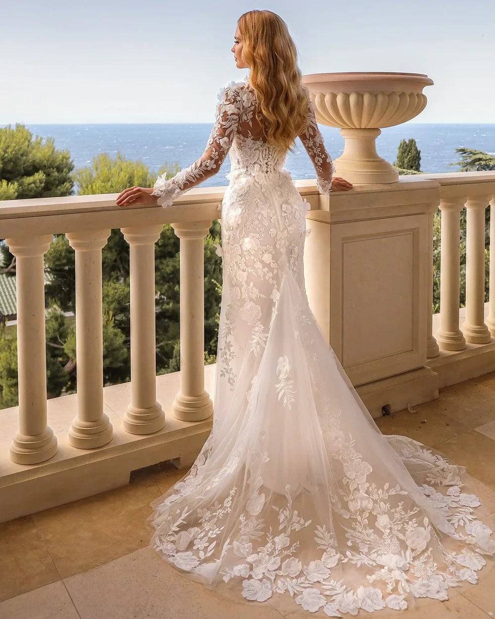 Mermaid Wedding Dresses High Neck Illusion Full Sleeves 3D Flowers Luxury Bridal Dress Customized Wedding Bride Gowns
