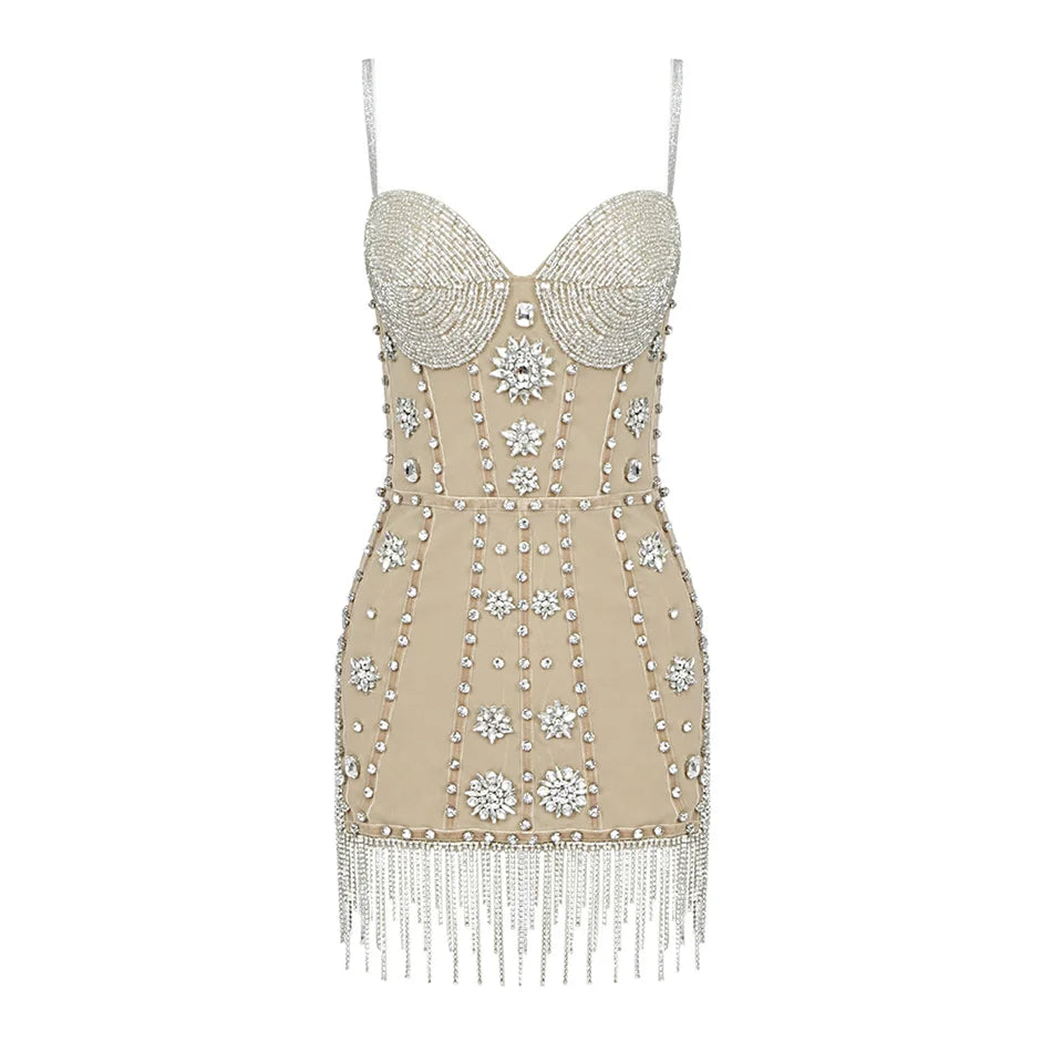 Rhinestone beading tassel V-neck diamond strap fringe sexy mini split ultra-short party performance dress side view