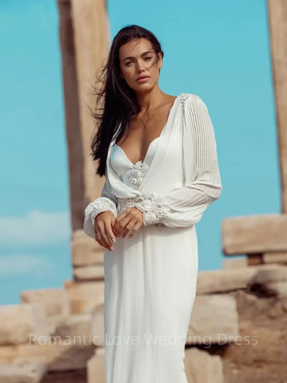 Modern deep V-neck long sleeve beads appliques elegant chiffon long wedding dress front view