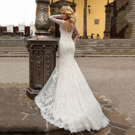 Sweetheart Long Sleeve Wedding Gown Sexy Illusion Lace Classic Cheap Bride Dresses Backless Bridal Gown Custom Made Plus Size