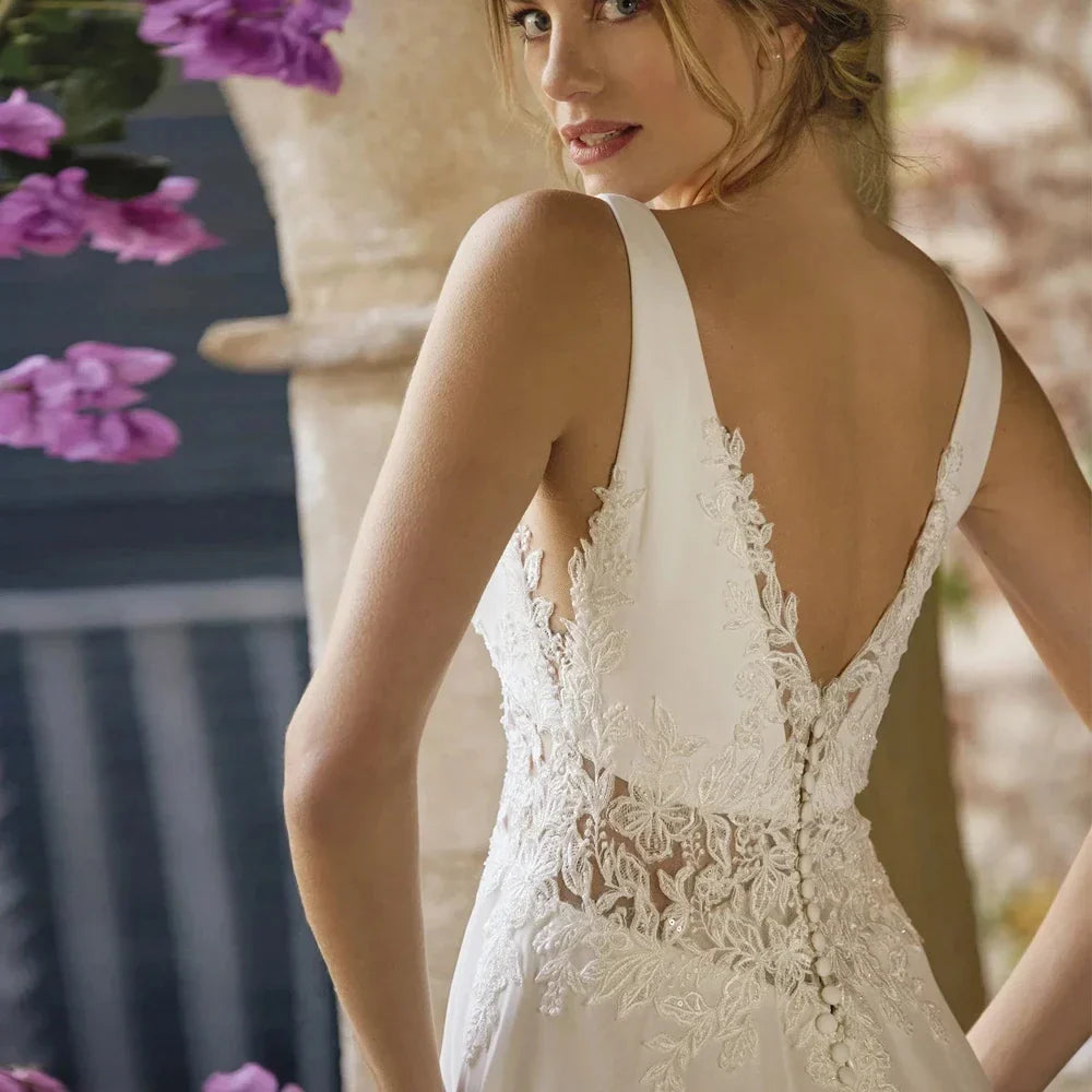 Classic spaghetti straps wedding dress 2026 A-line V-neck chiffon applique lace sequined illusion