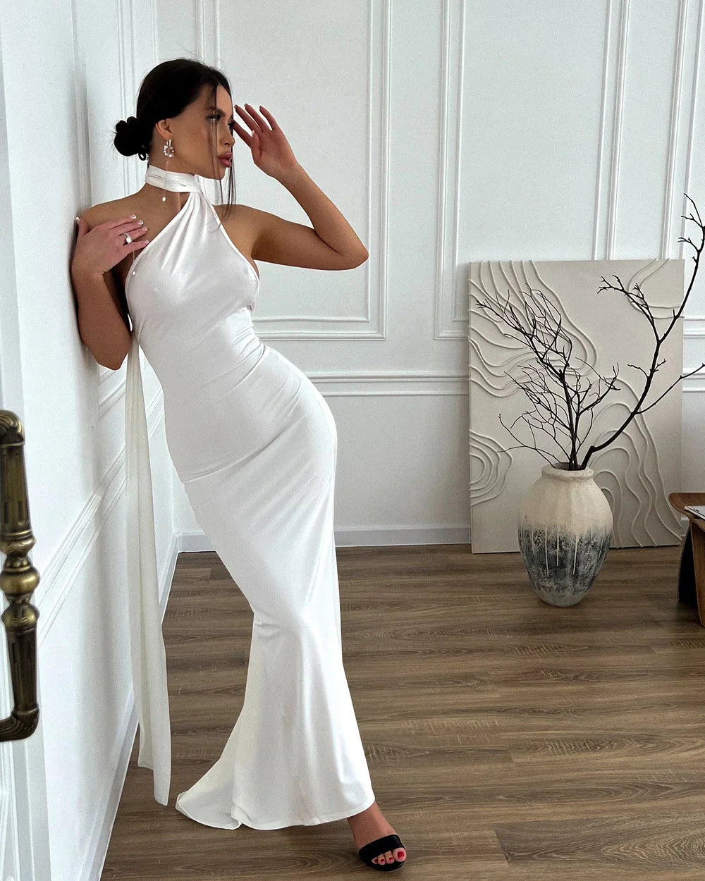 Simple Mermaid Maxi Wedding Dresses Sleeveless Halter Neck Bridal Dess For Women Sexy Backless Evening Gown Customized