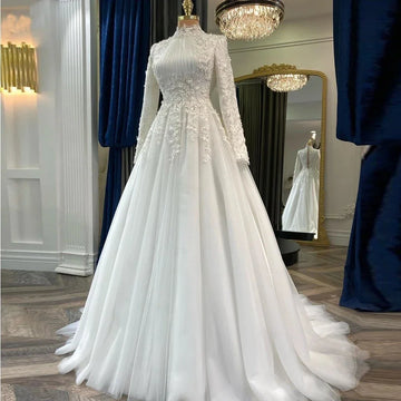 Muslim Arabic Dubai long sleeve wedding dress – front view – Snowy Bridal