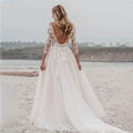 V-neck sleeves lace appliques backless tulle princess classic A-line boho garden wedding dress bridal gown ivory