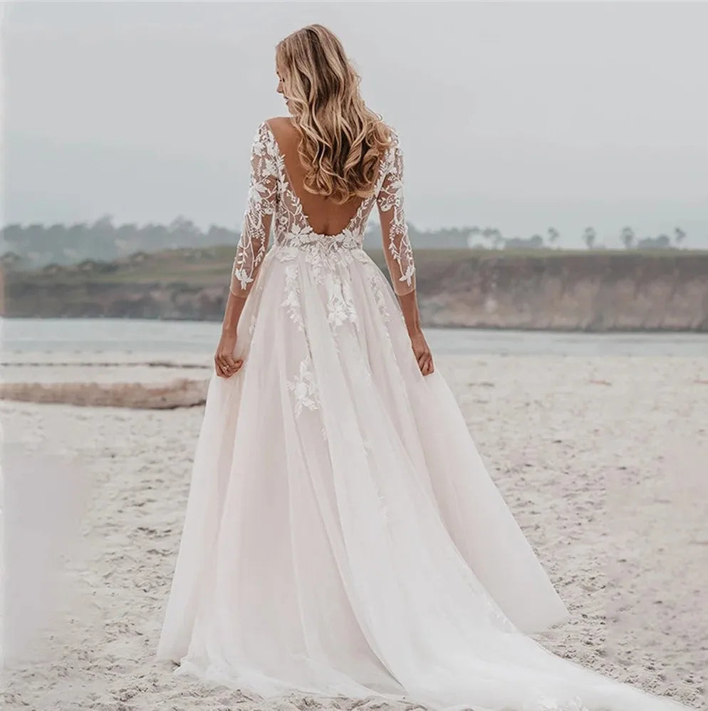 V-neck sleeves lace appliques backless tulle princess classic A-line boho garden wedding dress bridal gown ivory