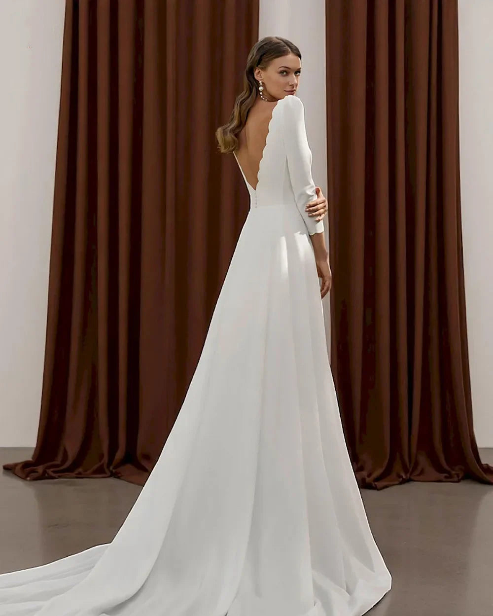 Modest Wedding Dresses Long Sleeve Scoop Neck Backless Vintage Simple Bridal Dress With - Image 1
