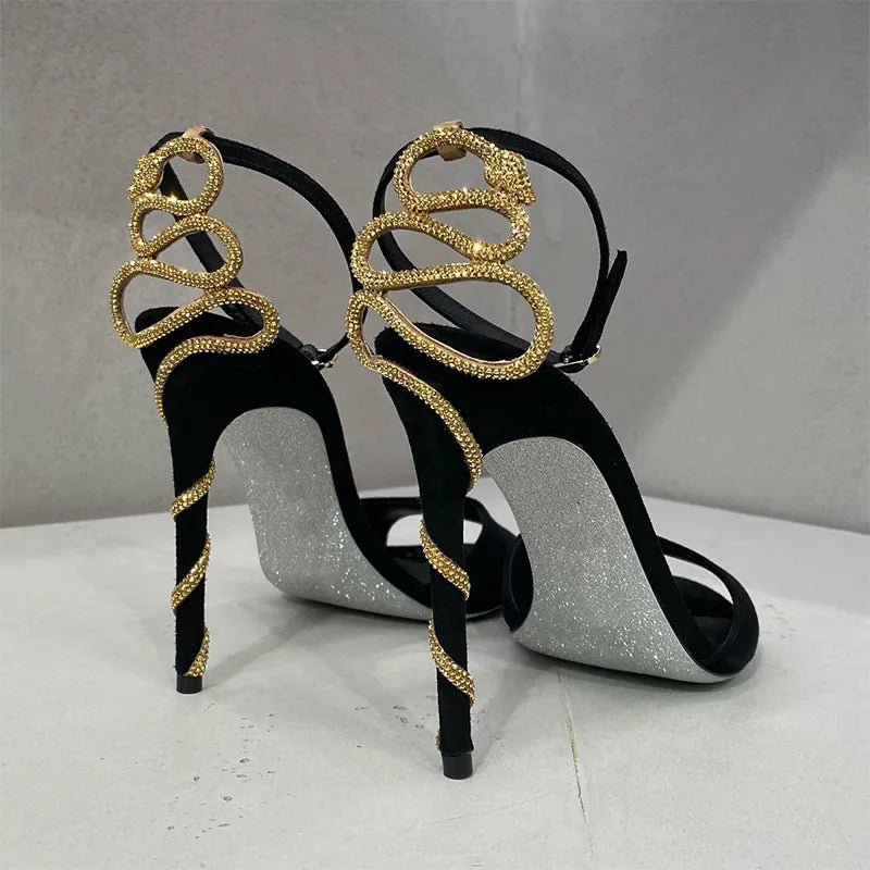 Snake spiral ankle buckle rhinestone open round toe high heels sandals summer party pumps women