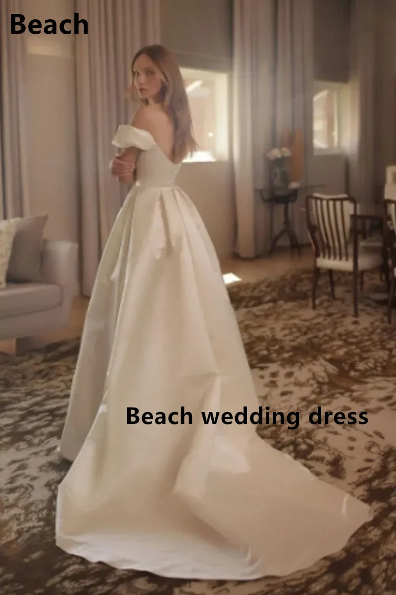 Beach Satin Off Shoulder Elegant Train Backless Wedding dress Vestidos de novia Vintage Bridal Dresses Wedding Gowns