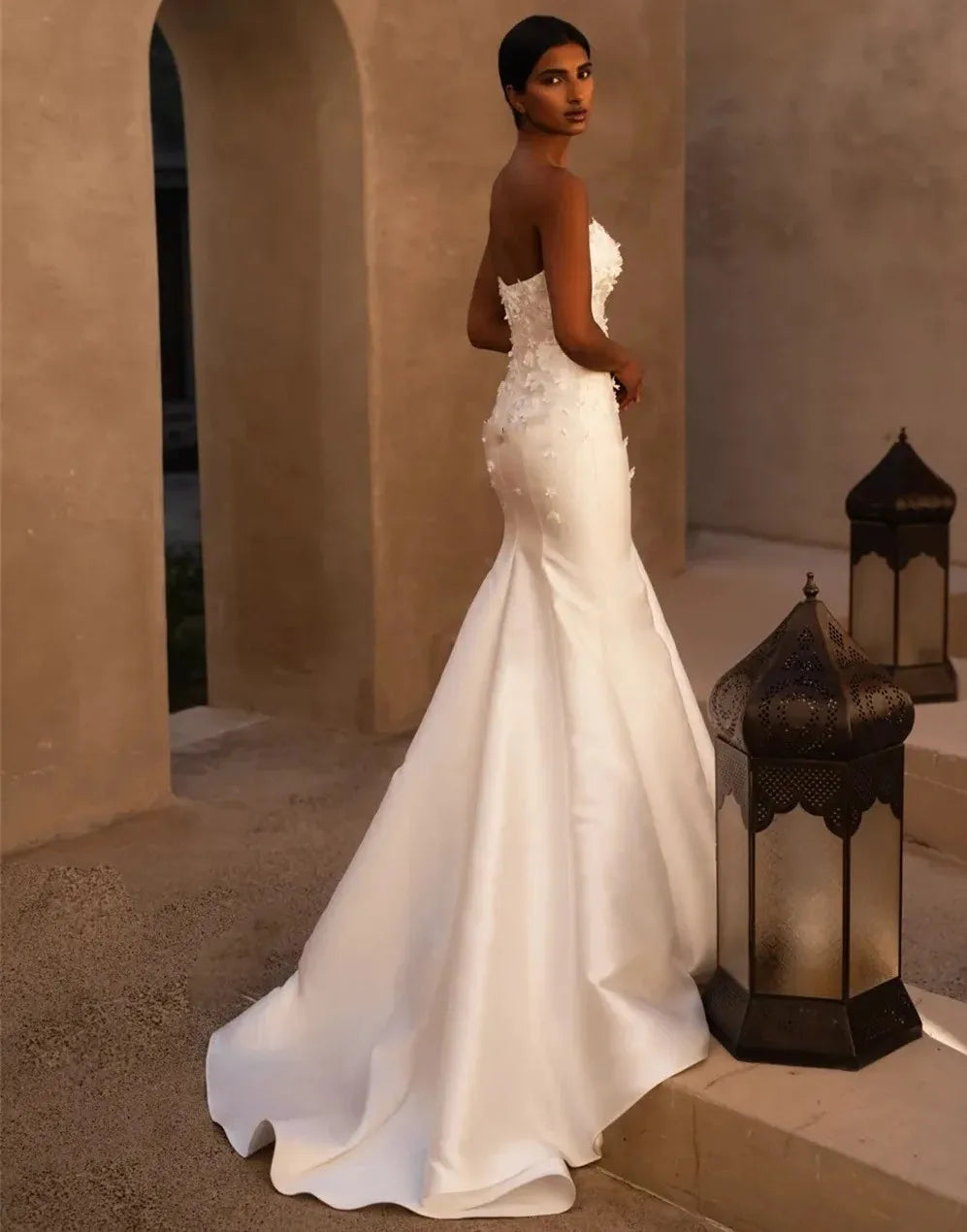 Classic mermaid wedding dress strapless 3D flowers satin sweep train elegant bridal gown